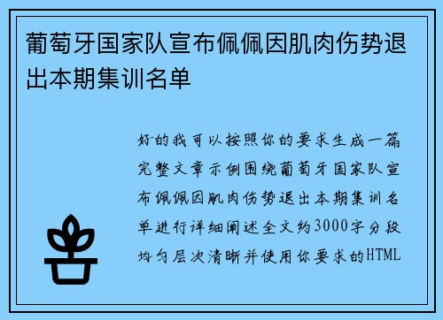 葡萄牙国家队宣布佩佩因肌肉伤势退出本期集训名单 葡萄牙国家队宣布佩佩因肌肉伤势退出本期集训名单
