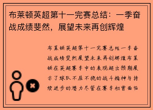 布莱顿英超第十一完赛总结:一季奋战成绩斐然,展望未来再创辉煌 布莱顿英超第十一完赛总结:一季奋战成绩斐然,展望未来再创辉煌